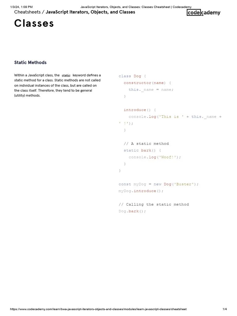 JavaScript Classes Cheatsheet | Download Free PDF | Class (Computer ...