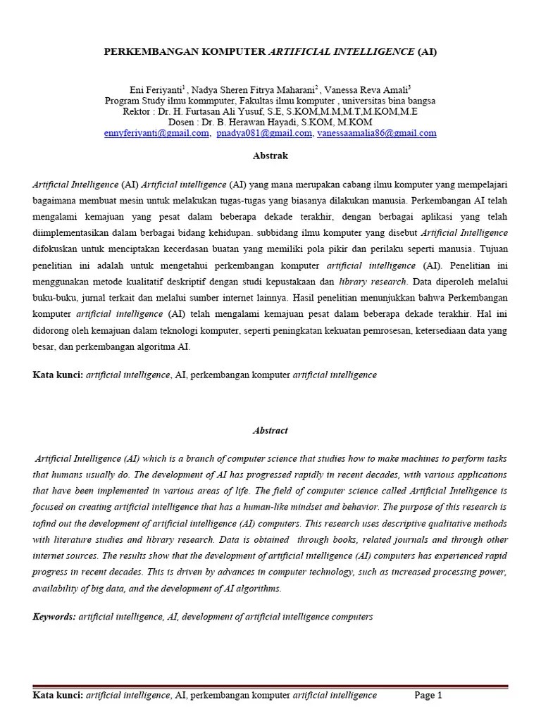 Jurnal Perkembangan Komputer Artificial Intelligence (Ai) | PDF | Komputer