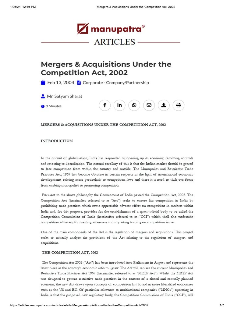 Mergers & Acquisitions Under The Competition Act, 2002 | PDF | Mergers ...