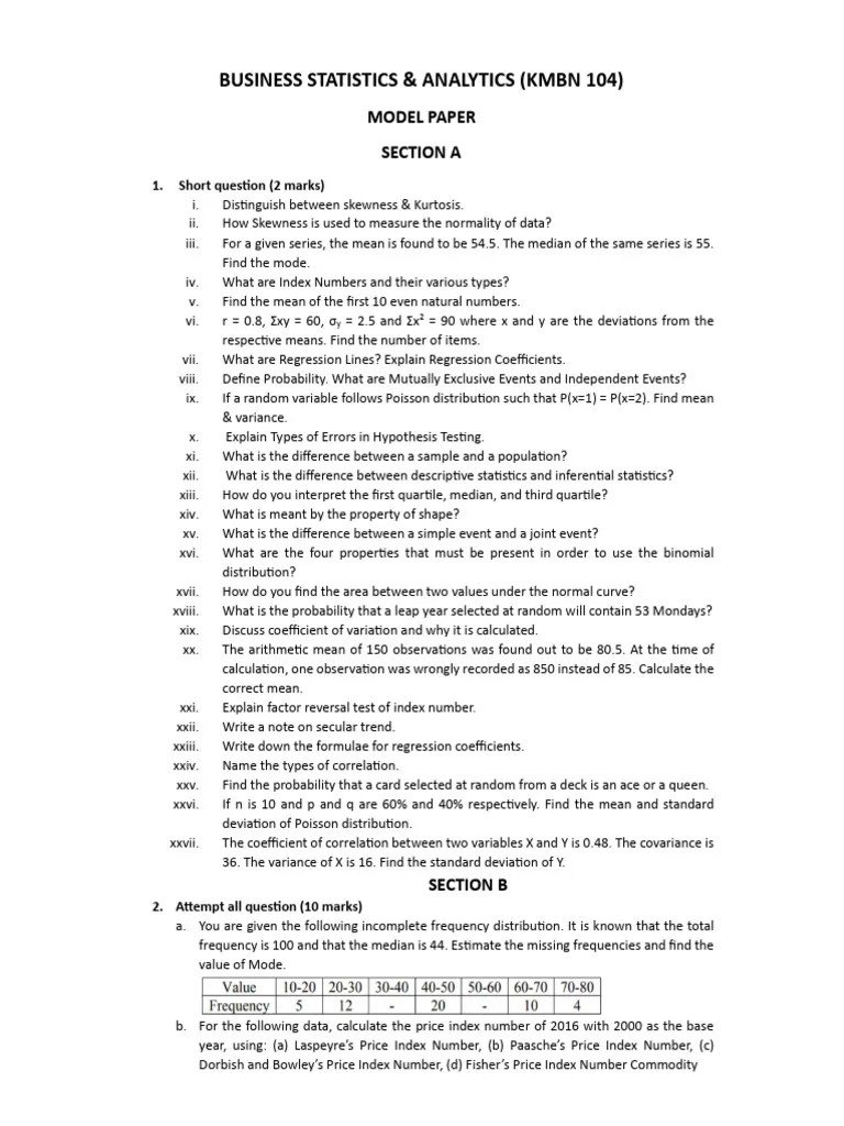 Business Statistics Model Paper | PDF
