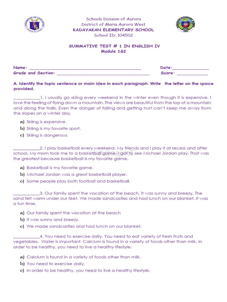 English 4 Q1 Summative Test Melc 2020 | PDF | Philippines | Hand Washing