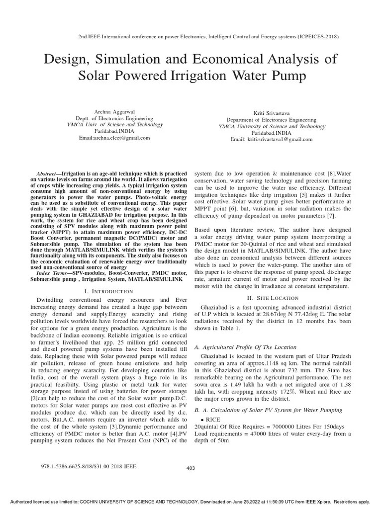 Design Simulation And Economical Analysis Of Solar Powered Irrigation Water Pump | PDF