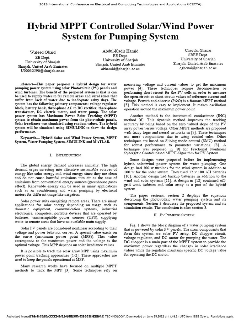 Hybrid MPPT Controlled Solar Wind Power System For Pumping System | PDF ...