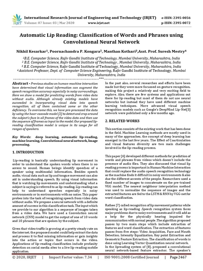 Automatic Lip Reading Classification Of | PDF | Speech Recognition | Deep Learning