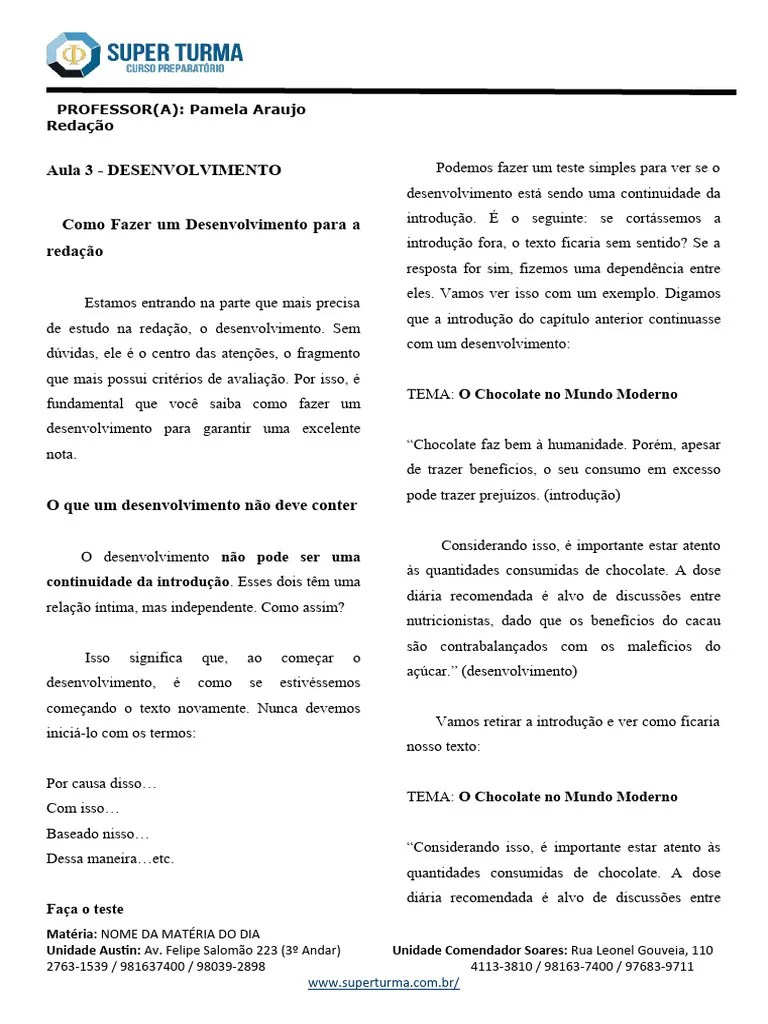 Aula 3 - Desenvolvimento De Redação | PDF | Chocolate | Agressão