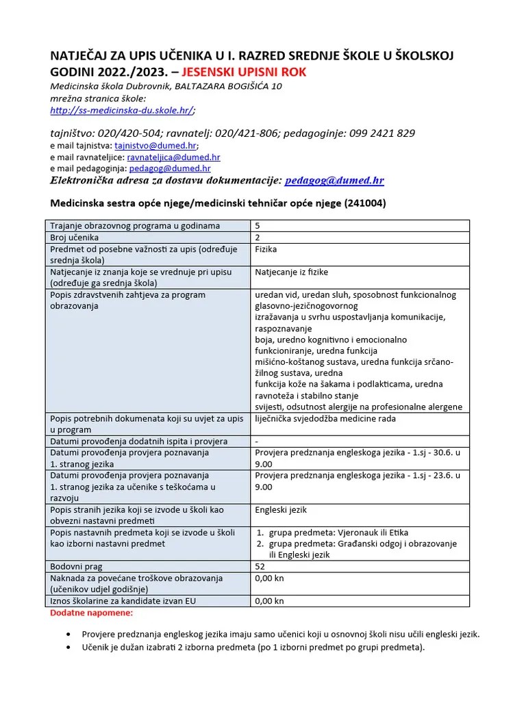 Natjecaj_za_upis_u_1._razred_skolske_godine_2022.2023._-_JESENSKI_ROK | PDF