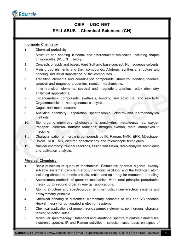 CSIR - UGC NET Chemical Sciences (CH) Syllabus | PDF | Chemical Reactions | Chemistry