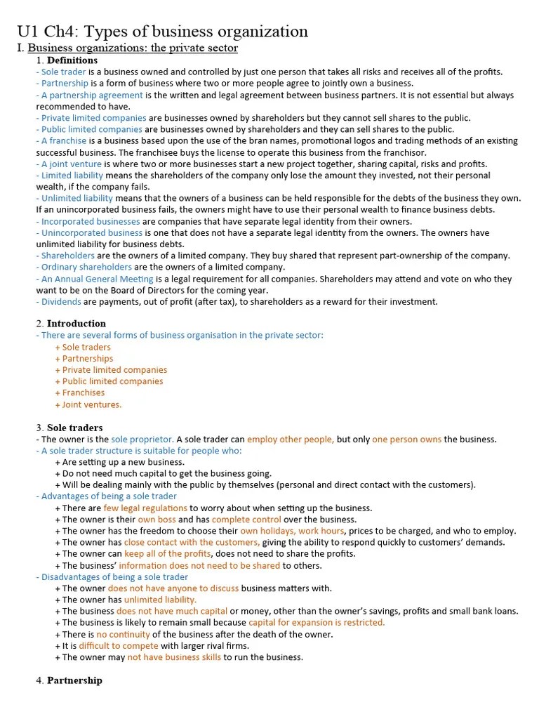 U1 Ch4 Types Of Business Organization | PDF