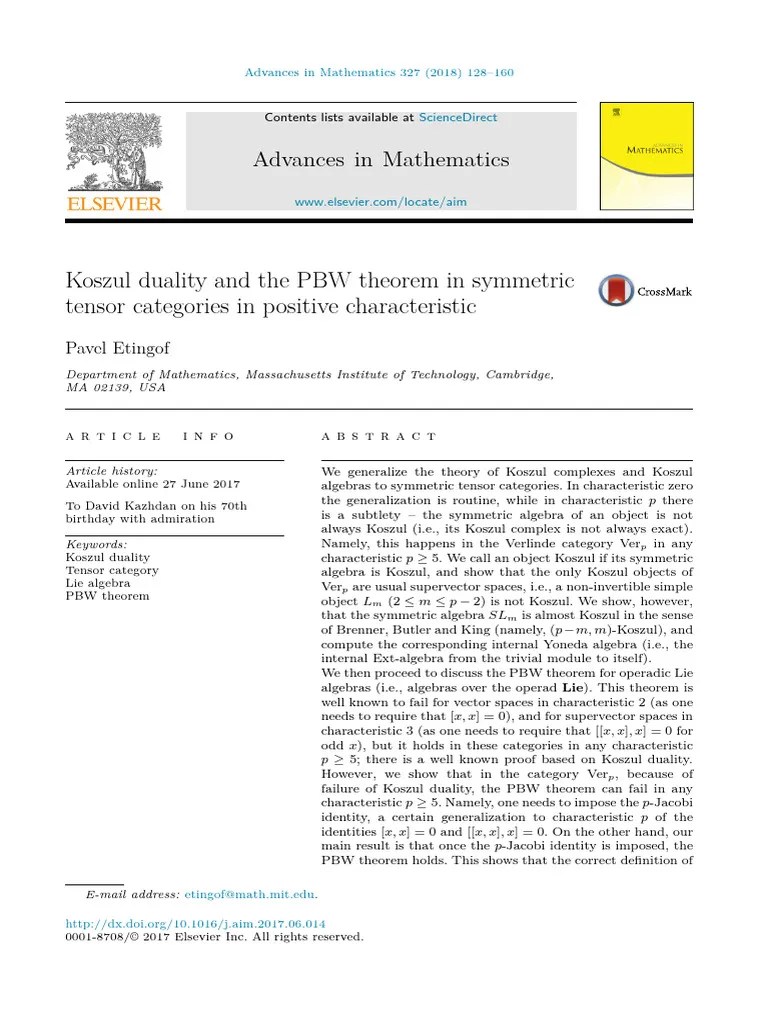 Koszul Duality And The PBW Theorem In Symmetric Tensor CA 2018 Advances ...