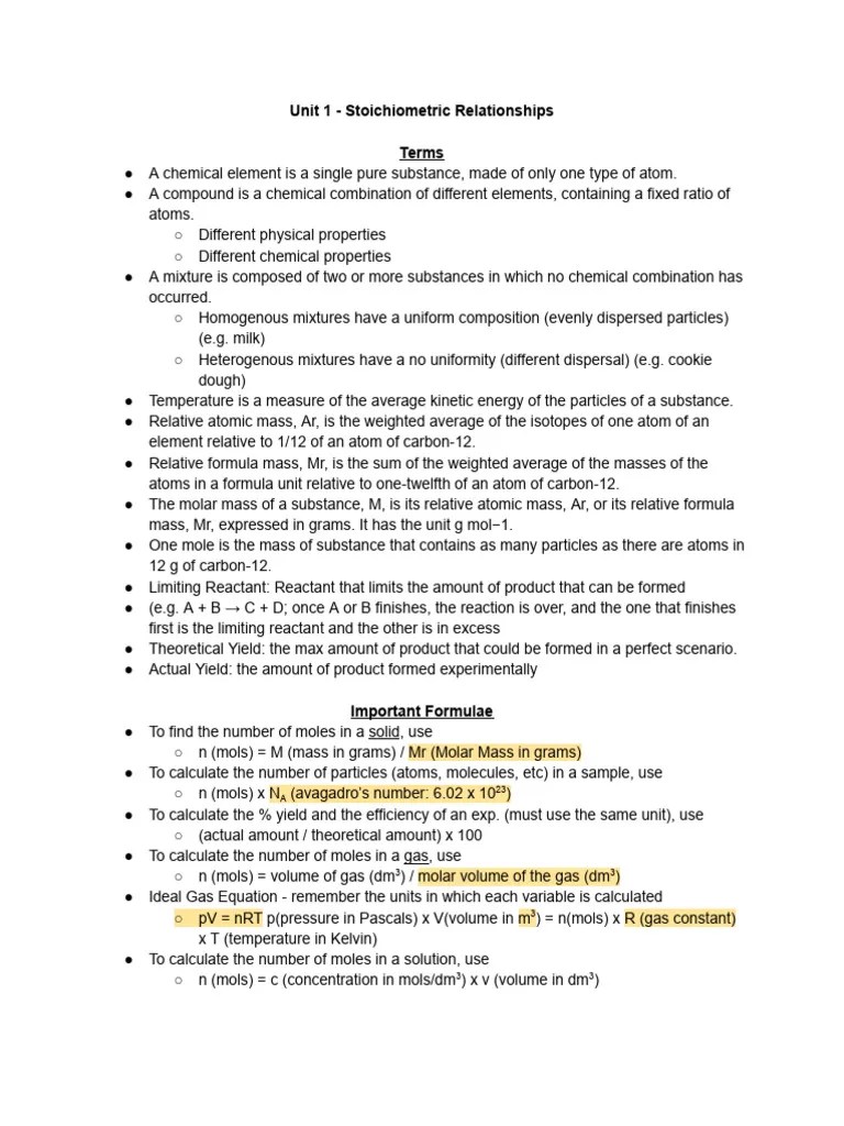 Unit 1 - Stoichiometric Relationships Study Guide | PDF | Mole (Unit) | Gases