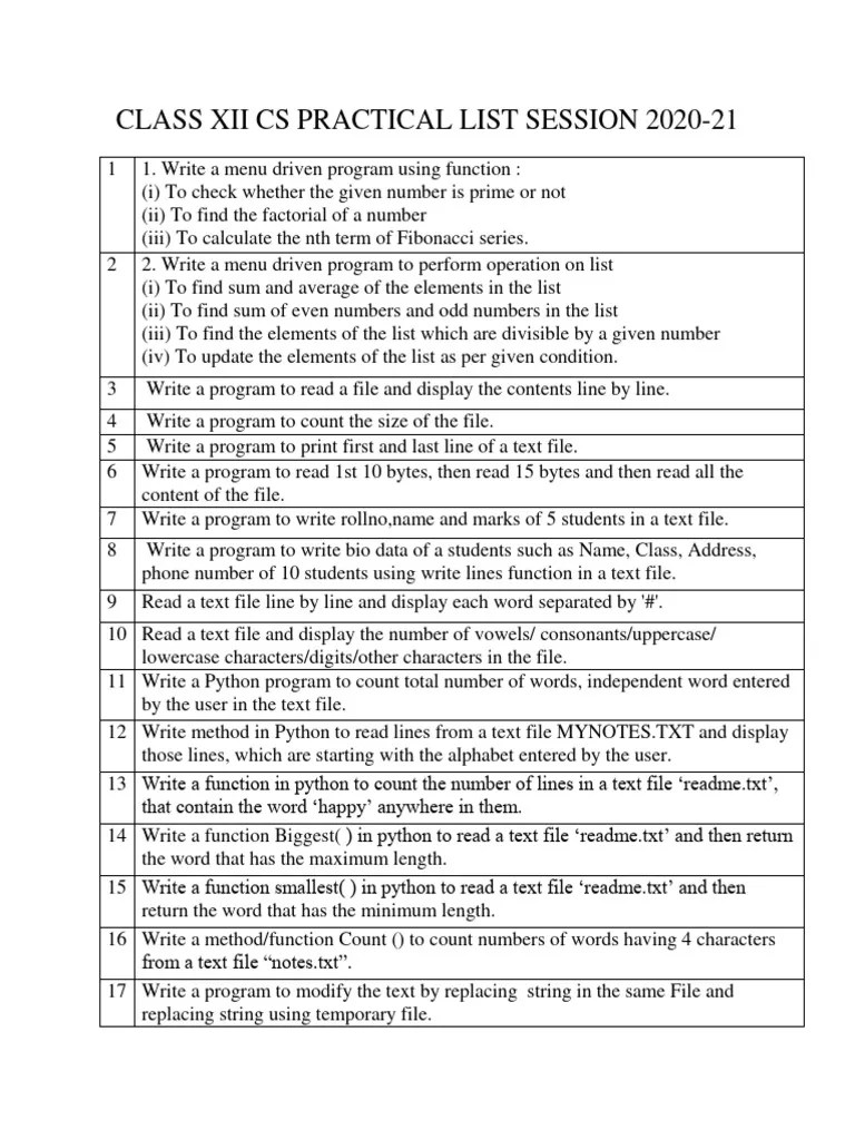 Class Xii CS Practical List Session 2020 | PDF | Computer File | Text File