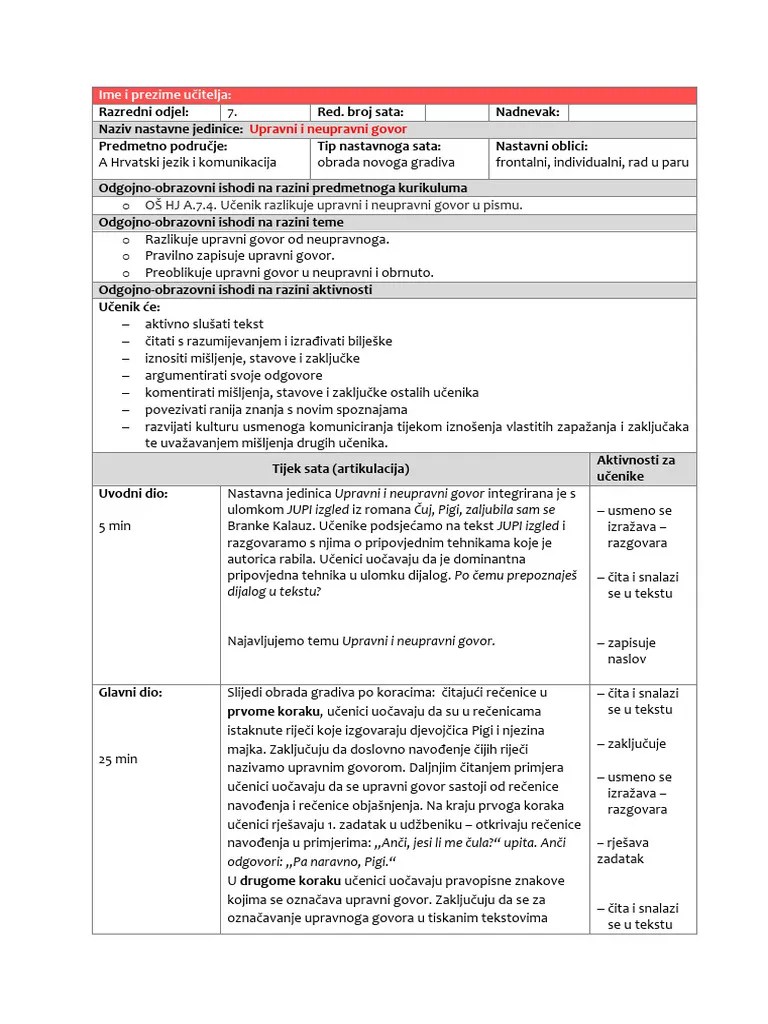 10. Upravni I Neupravni Govor, Prijedlog Priprave | PDF