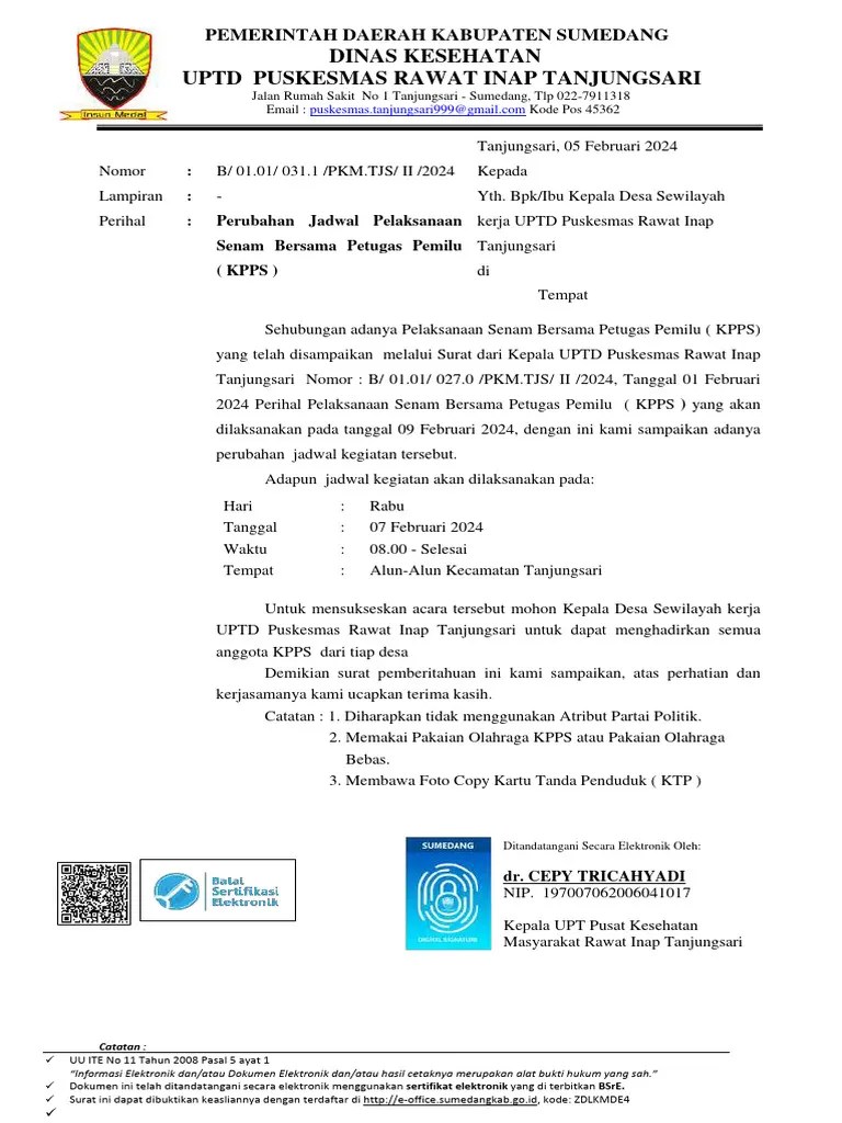 Surat Perubahan Jadwal Kegiatan Senam Pemilu 2024 Desa | PDF