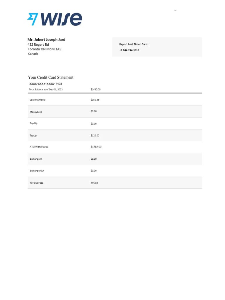 Wise credit card statement