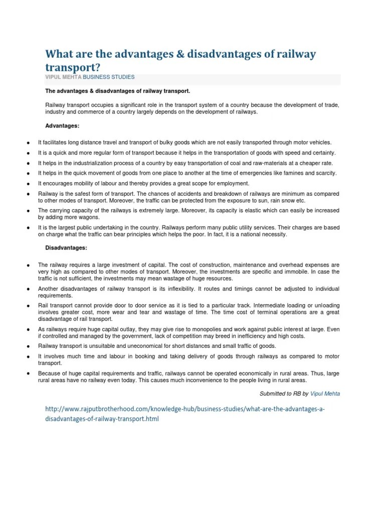 Advantages Disadvantages Railway | PDF | Transport | Rail Transport