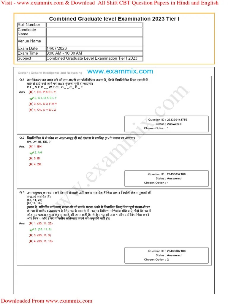 SSC CGL Tier 1 All Shift Question Paper 2023 PDF In Hindi | PDF