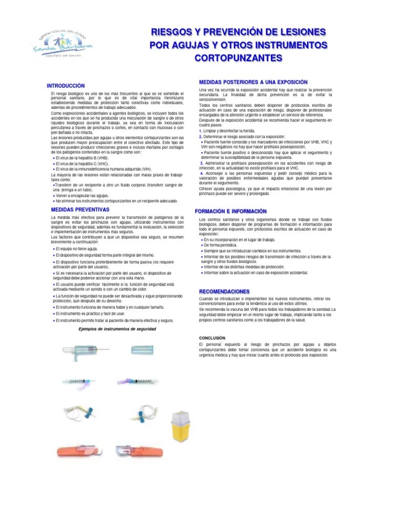 Riesgo Y Prevención De Lesiones Por Agujas Y Otros Instrumentos Cortopunzantes (2009) | PDF ...