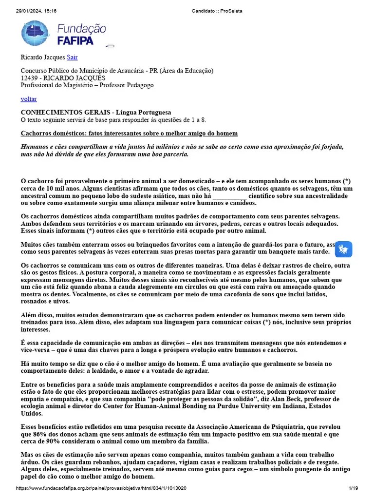 Caderono Questoes Pref Araucaria Prof Pedagogo 2024 | PDF | Cães | Educação Especial