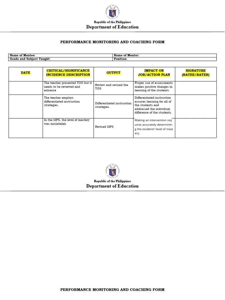 Performance Monitoring And Coaching Form | PDF | Mentorship | Teachers
