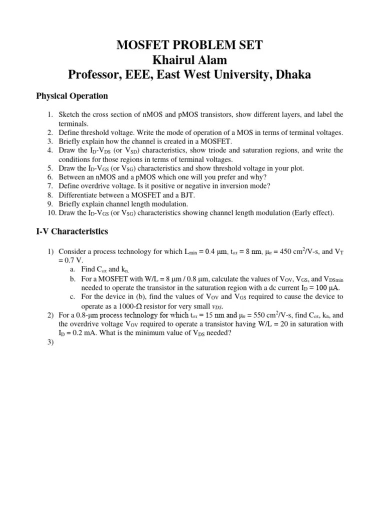 Problems MOSFET Operation And IV | PDF