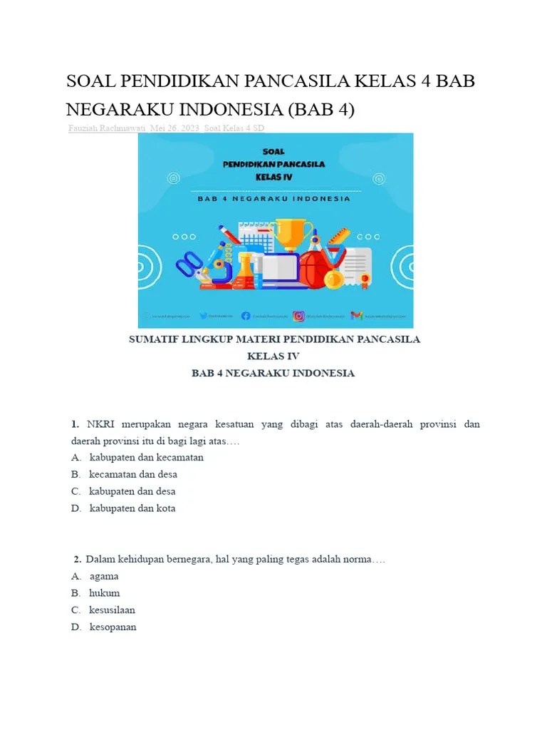 Soal Pendidikan Pancasila Kelas 4 Bab Negaraku Indonesia | PDF