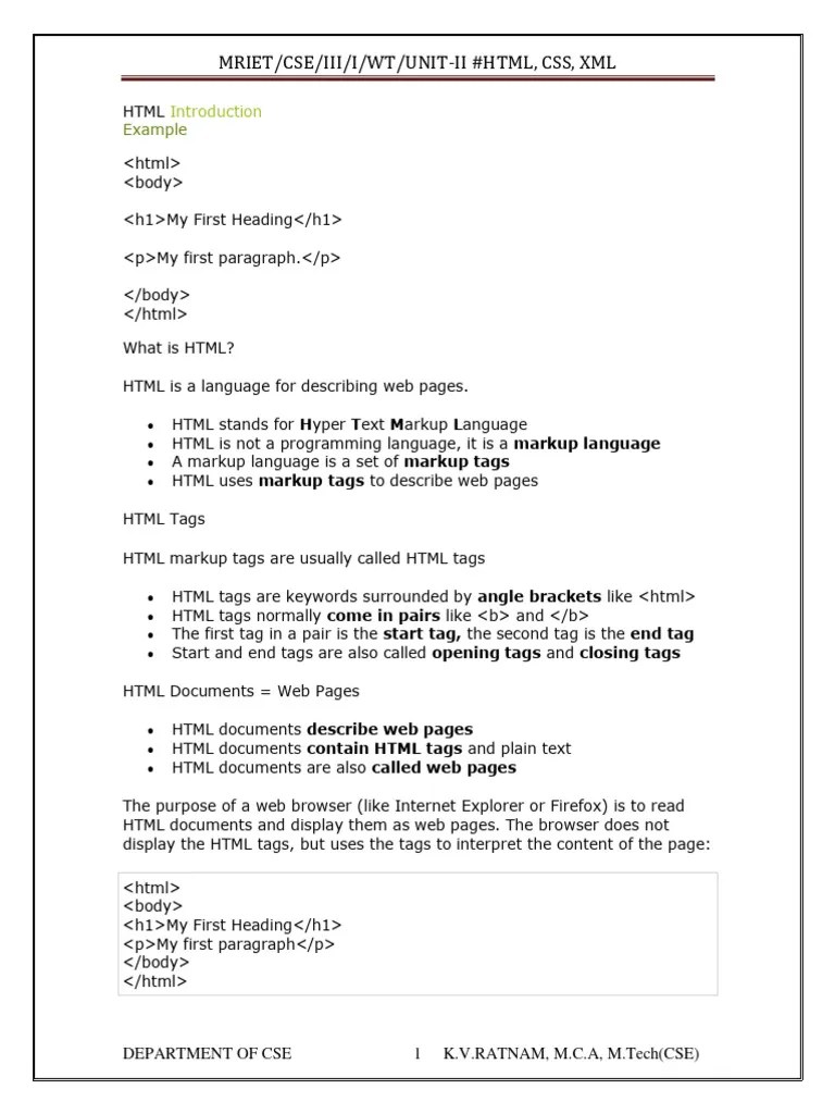 WT Unit Ii (HTML&XML) | PDF | Html Element | Html