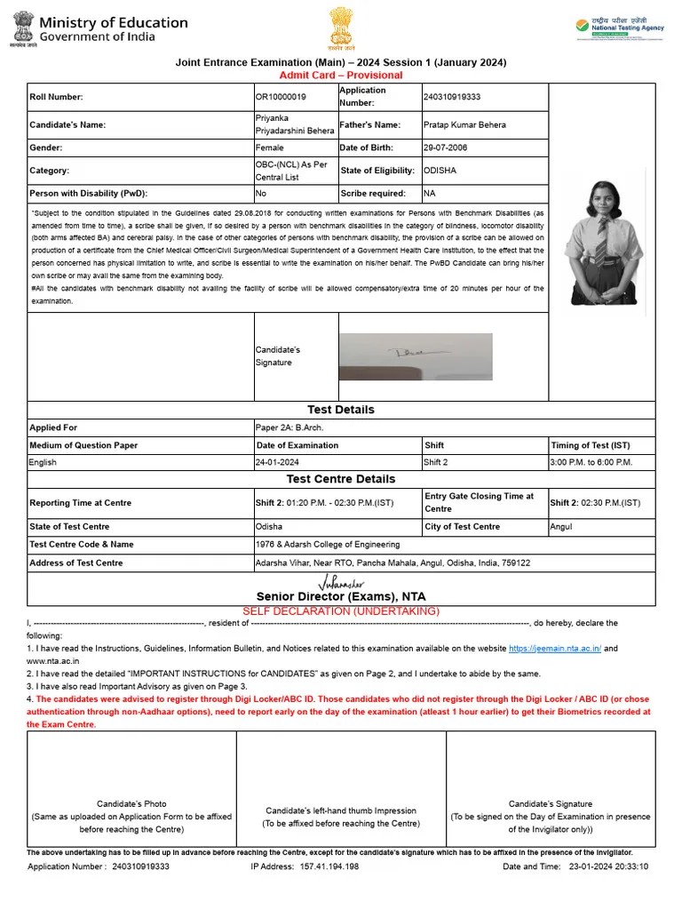 Admit Card Jee B.arch 202 | PDF | Identity Document