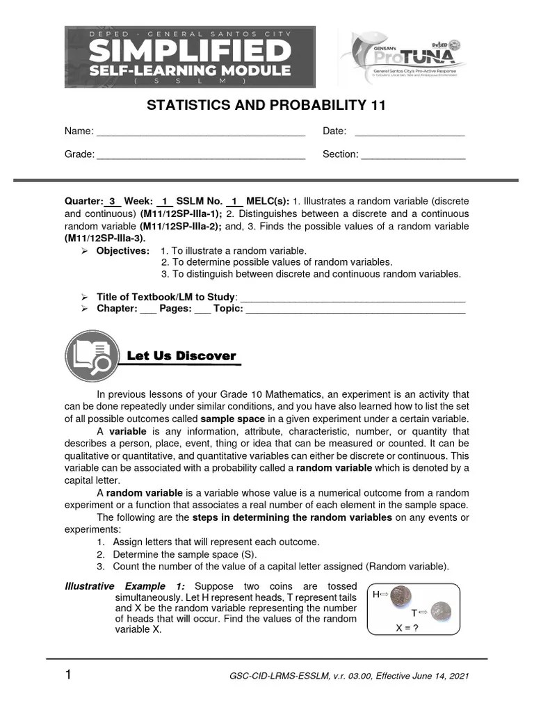 Statistics And Probability Q3 SSLM 1 | PDF | Probability Distribution | Random Variable