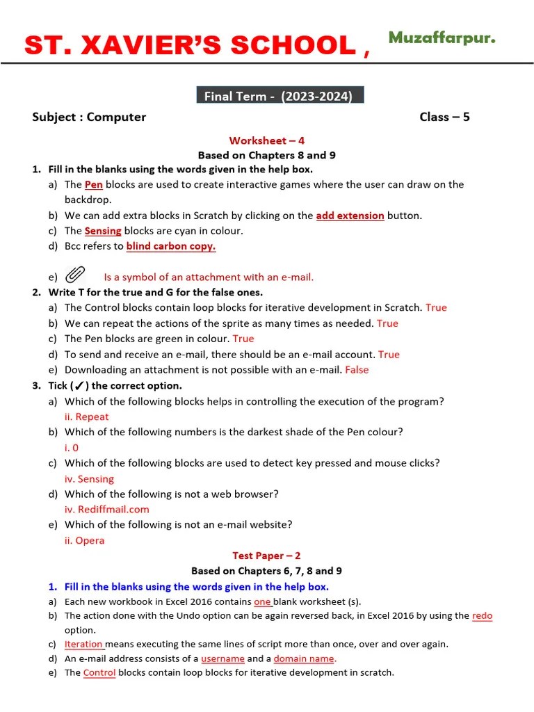 Class 5 Computer WS &, TP | PDF | Microsoft Excel | Spreadsheet