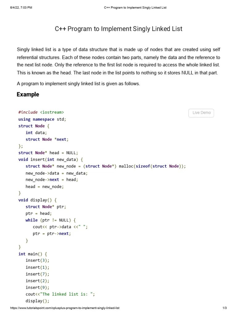 C++ Singly Linked List Example | PDF | Computing | Data
