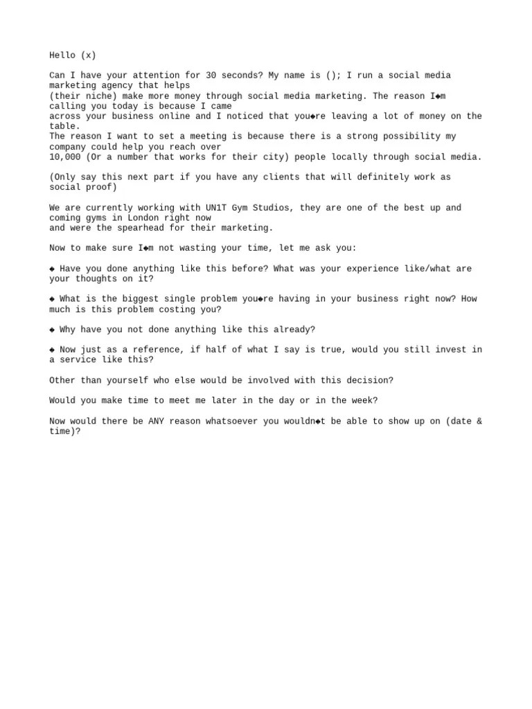 Cold Call Script For Social Media Marketing Agency | PDF