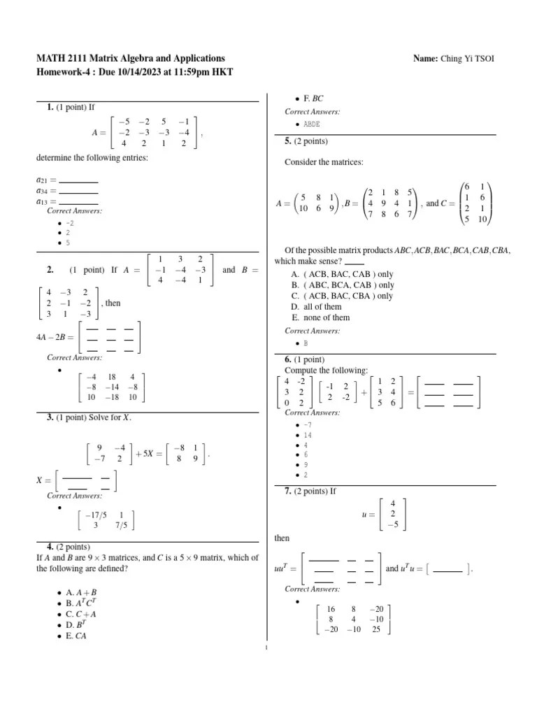 Matrix Homework-4 | Download Free PDF | Matrix (Mathematics ...