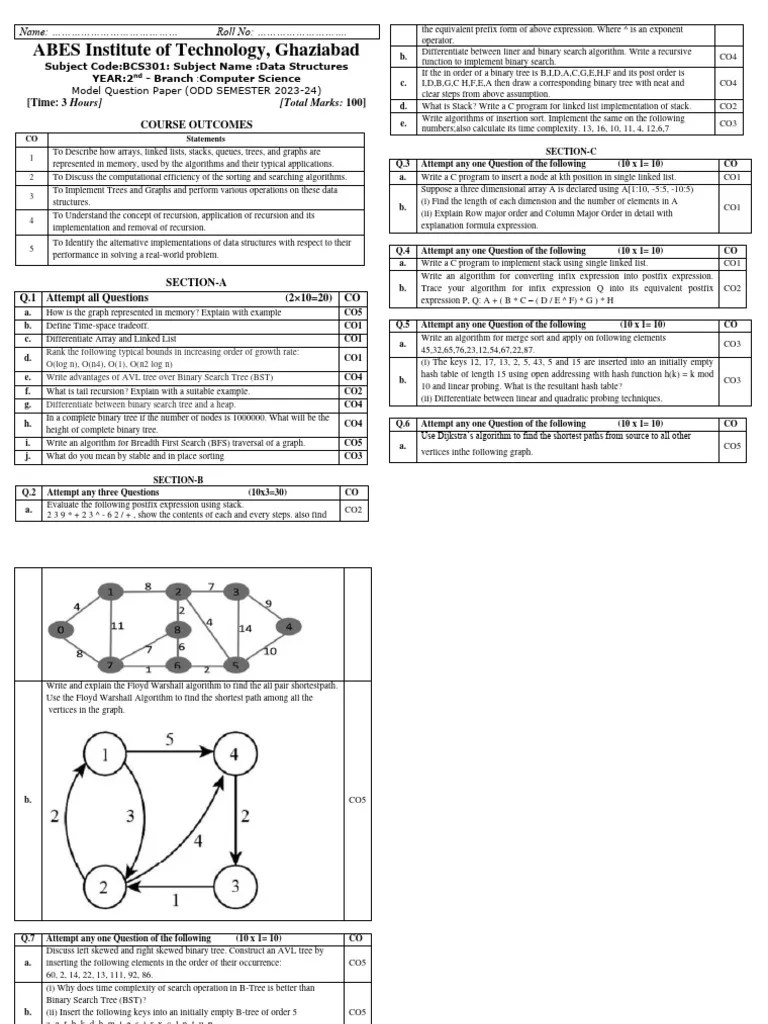 Model Paper-1_BCS-301 2nd Year DS | PDF | Time Complexity | Computer Data