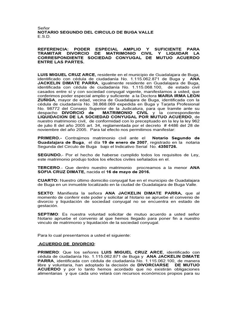 Poder Y Acuerdo Divorcio Mutuo Acuerdo Colombia-2 | PDF | Divorcio | Propiedad De La Comunidad
