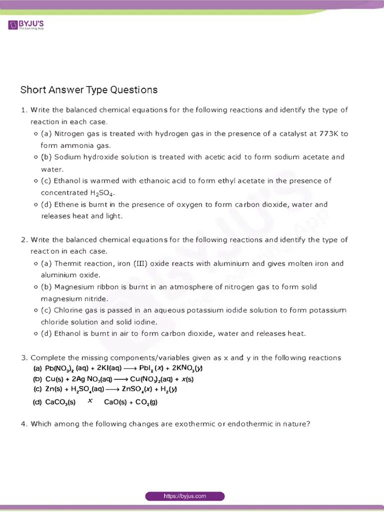 Important Questions For Class 10 Science Chapter 1 Chemical Reactions