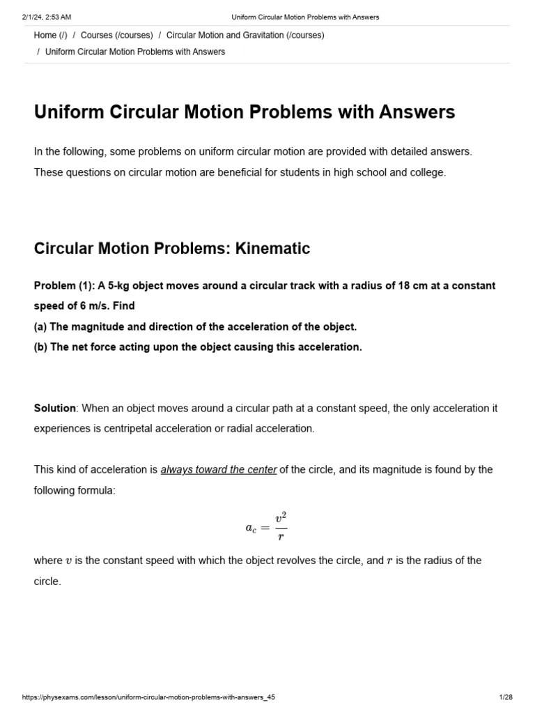 Uniform Circular Motion Problems With Answers | PDF | Acceleration | Force