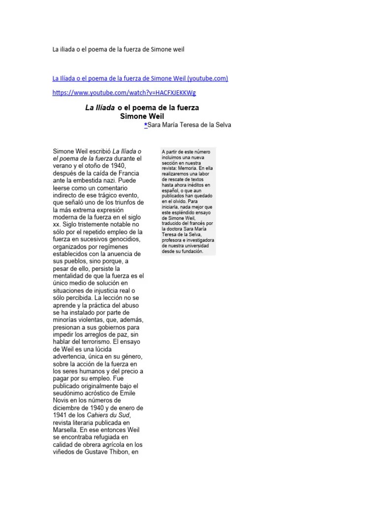 La Iliada O El Poema De La Fuerza De Simone Weil | PDF | Héctor