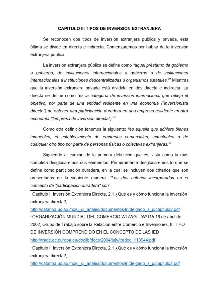 Capitulo Iii Tipos De Inversión Extranjera | PDF | Inversiones | La Inversión Extranjera Directa