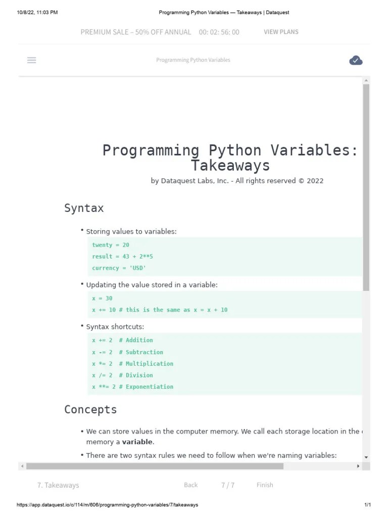 Programming Python Variables - Takeaways - Dataquest | PDF