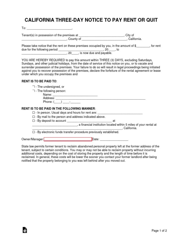 California 3 Day Notice To Quit Nonpayment Of Rent Form | PDF | Renting ...