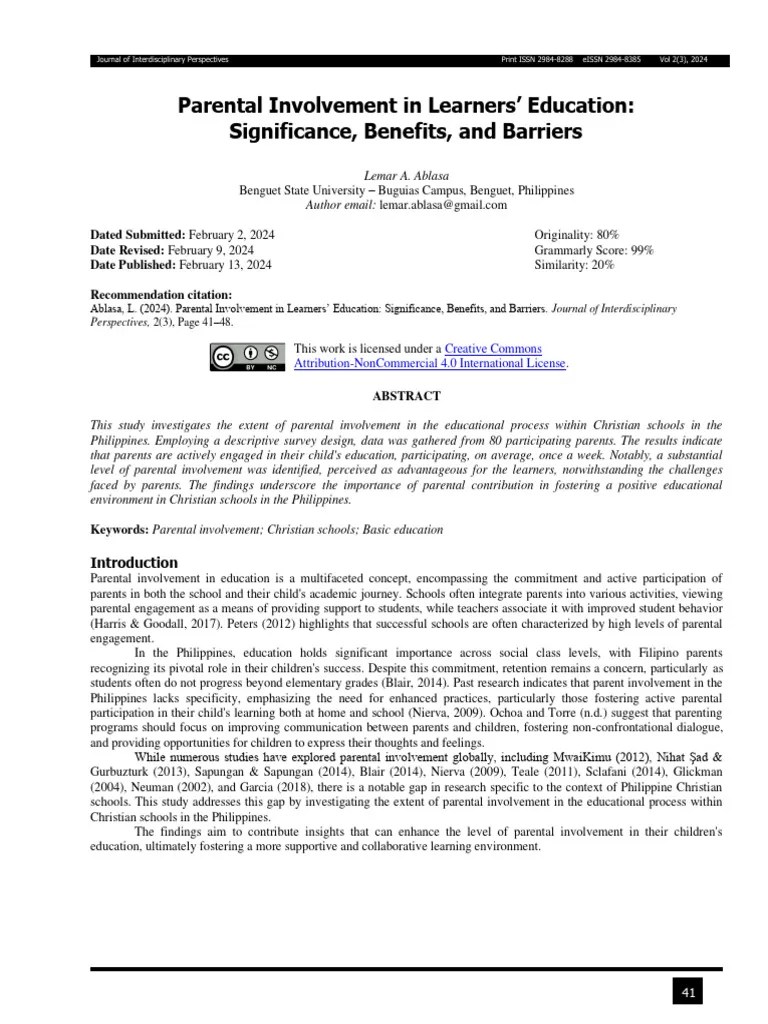 Parental Involvement In Learners' Education: Significance, Benefits, And Barriers | PDF ...