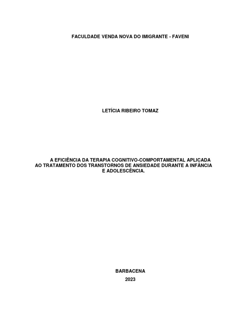 A Eficiência Da Terapia Cognitivo-Comportamental Aplicada Ao Tratamento Dos Transtornos De ...
