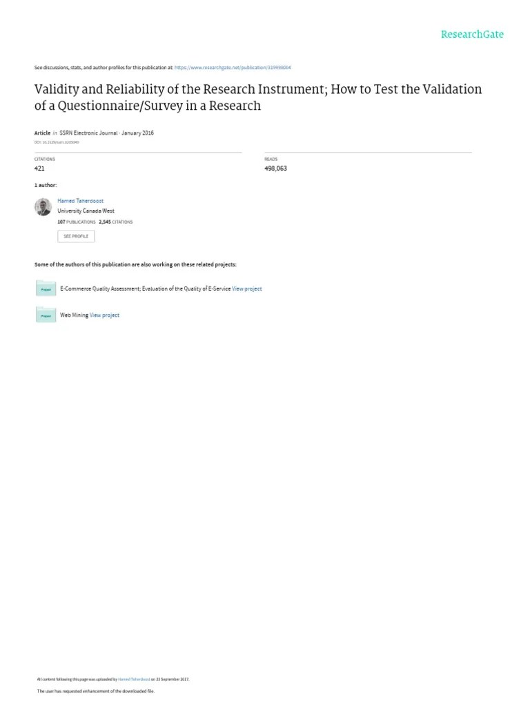 Validityand Reliabilityofthe Research Instrument Howto Testthe Validationofa Questionnaire ...