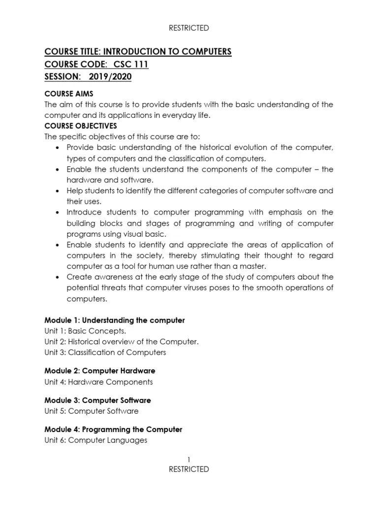 CSC 111 Lecture Notes 2019 | PDF | Central Processing Unit | Parallel Computing