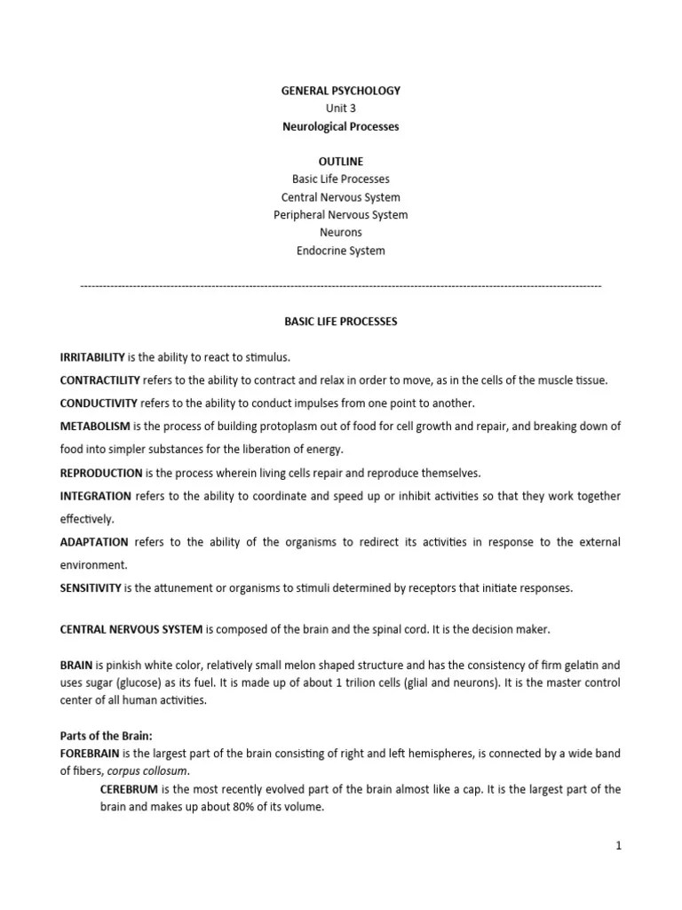 Unit3 NeurologicalProcesses | PDF | Nervous System | Brain