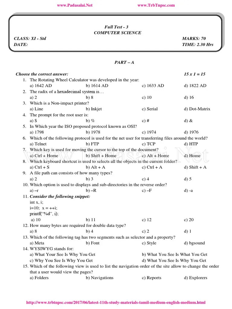 11th Computer Science Model Question Paper Em | PDF | Computing ...