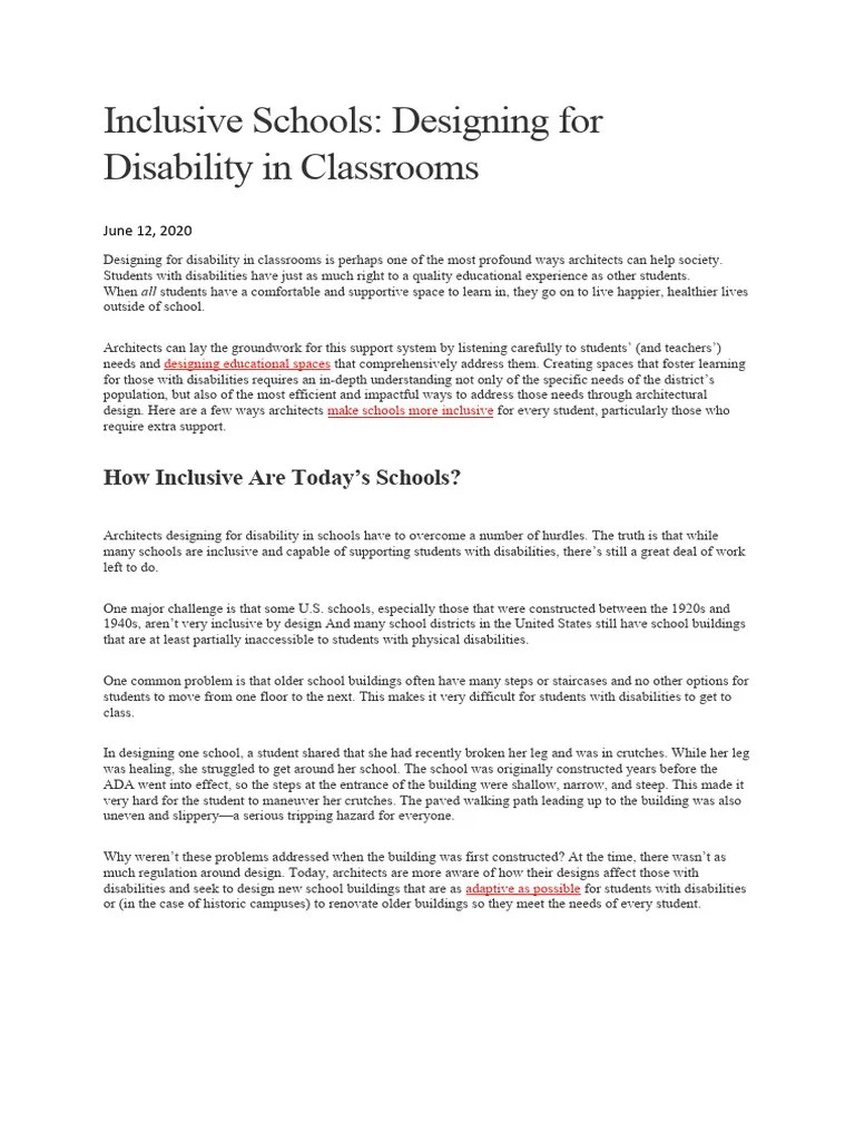 Inclusive Schools Designing For Disability In Classrooms | PDF ...
