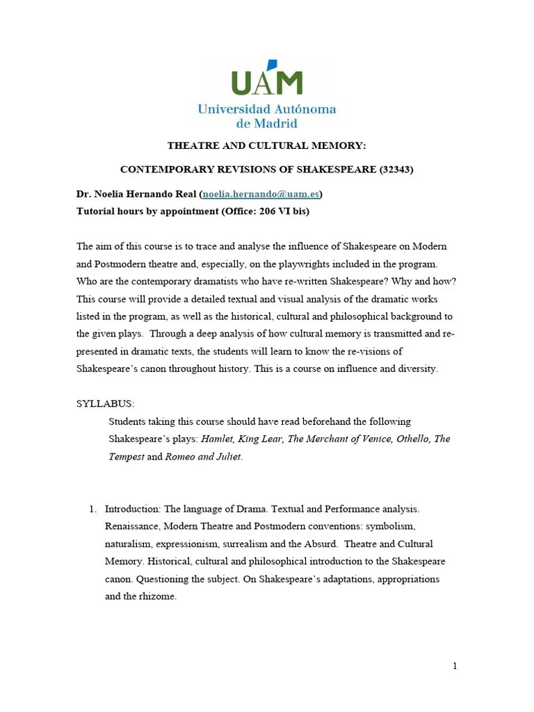 Syllabus Theatre And Cultural Memory 2023-2024 For Students (Shorter) | PDF | William ...