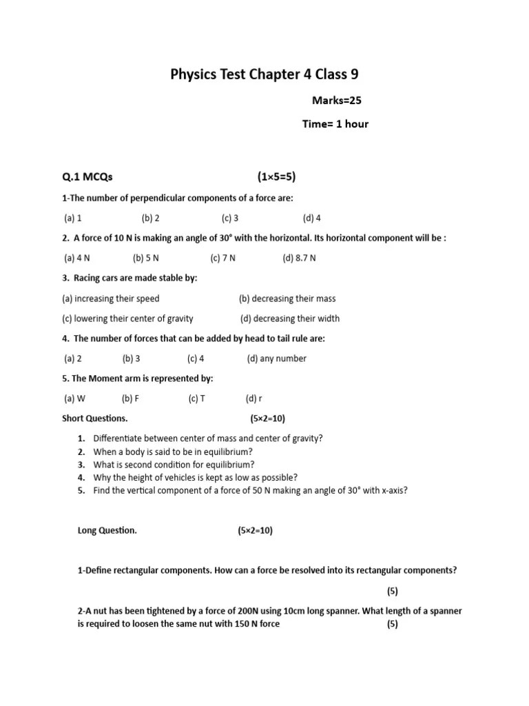 Physics Test Chapter 4 Class 9 | PDF