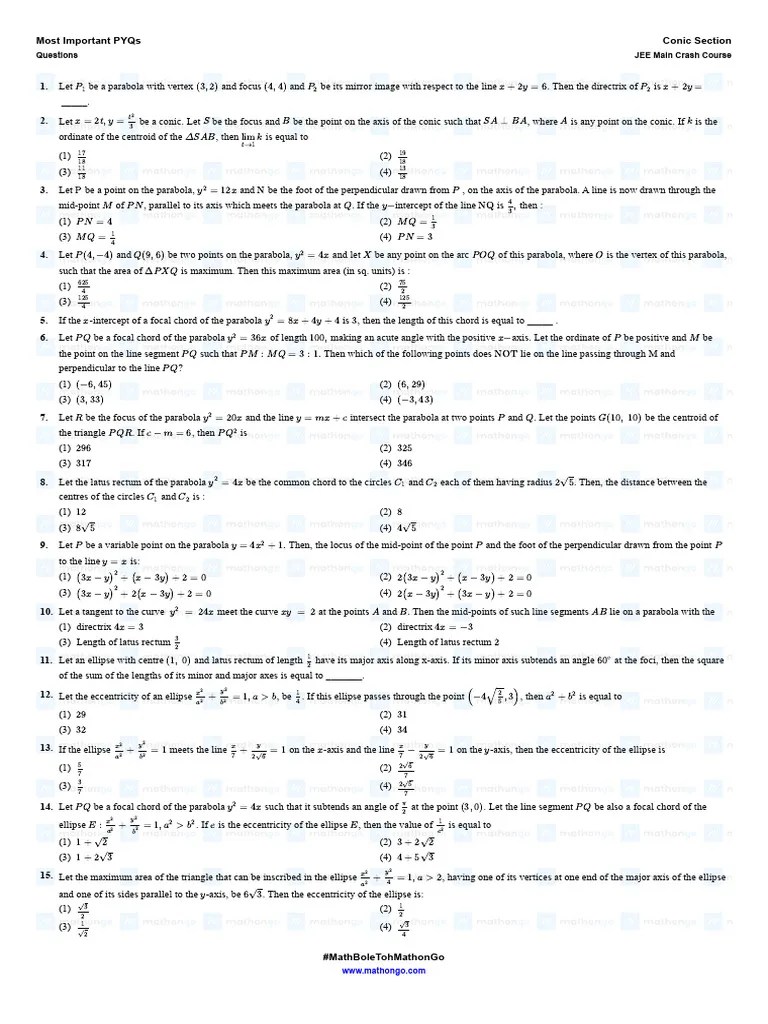 Question Most Important PYQs Conic Section JEE Main Crash Course ...